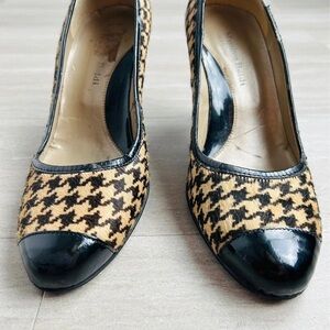 Chic Houndstooth Heels with Black Patent Accents